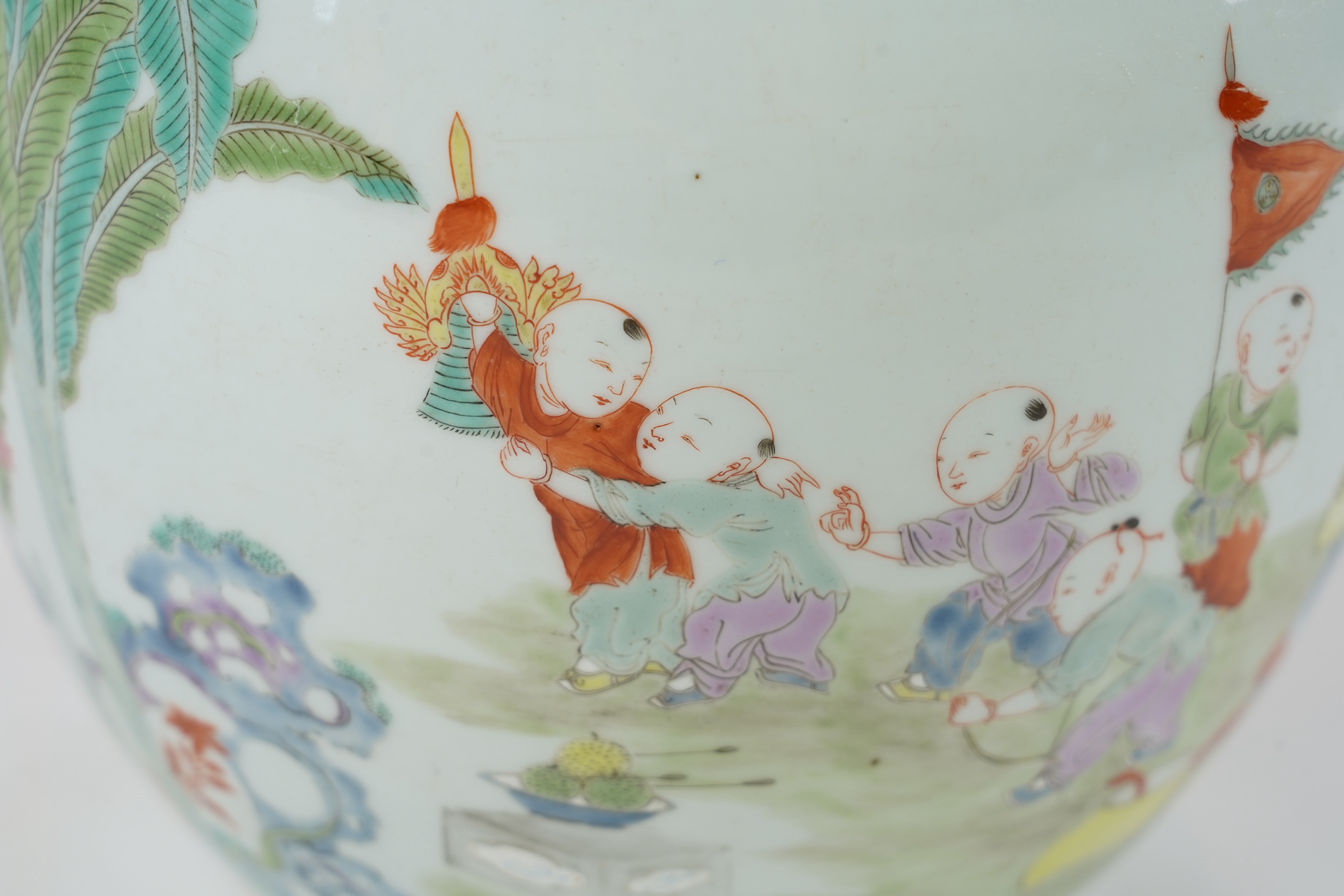 A Chinese famille 'boys' ovoid jar